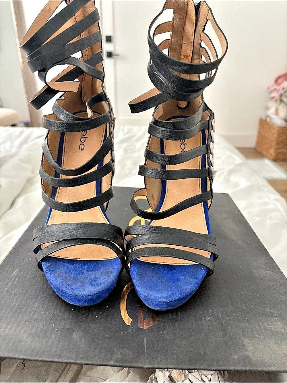 bebe Strappy Heels in Black & Blue